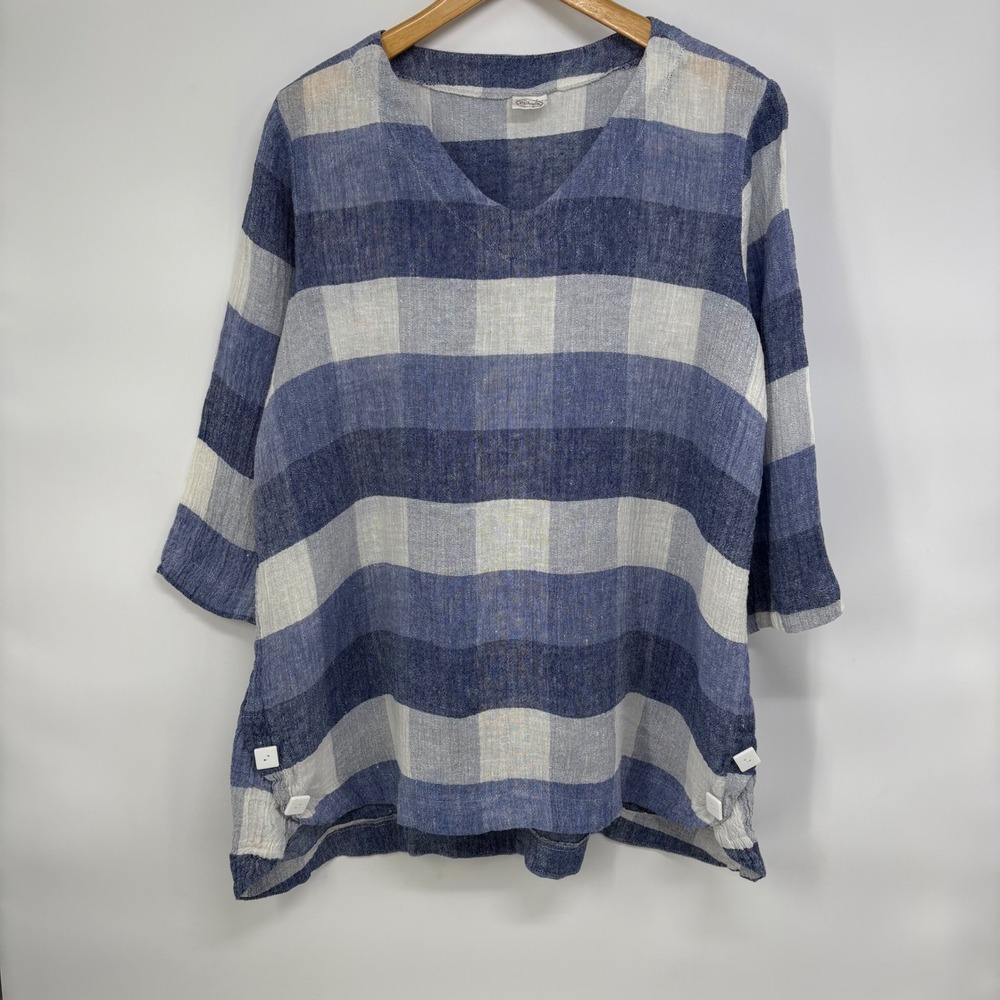Et Lois Blue Plaid V-Neck Tunic Top 3/4 Sleeve Side Buttons XL Stretch Lagenlook